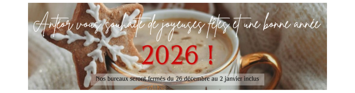 Slider de Noël Antéor – vœux de joyeuses fêtes et bonne année 2026, fermeture des bureaux du 26 décembre au 2 janvier